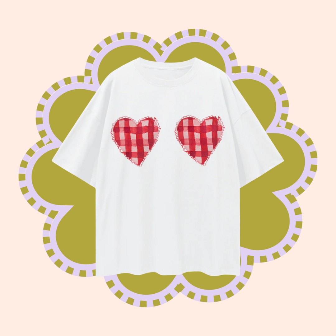 Gingham Hearts Oversize Tee - Lucent White
