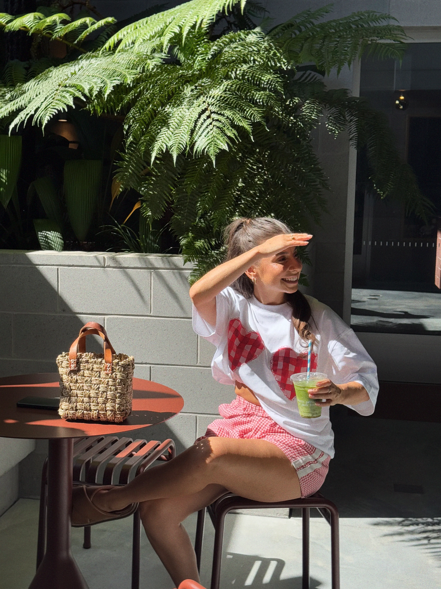 Gingham Hearts Oversize Tee - Lucent White